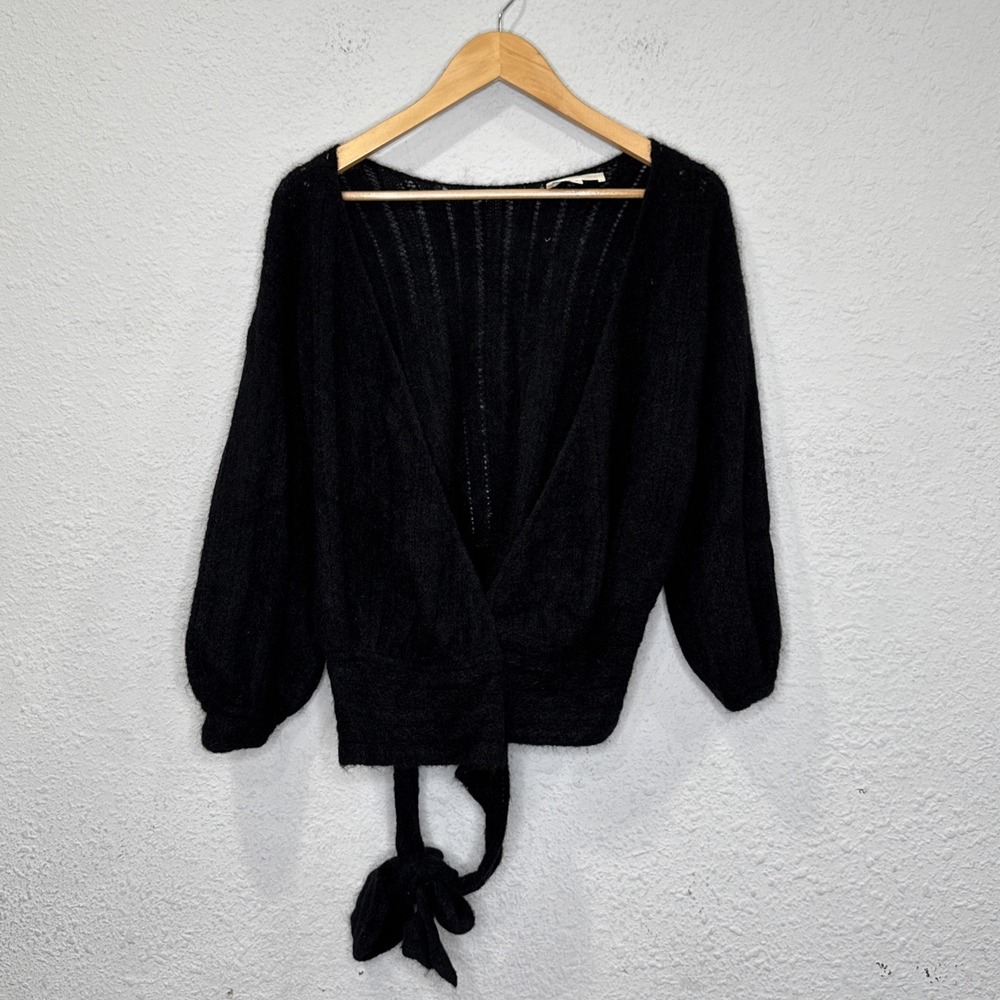 Sezane Women's Black Wool Short Tie Wrap Cardigan Sweater Size Small